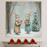 "Winter Wonderland: Gift-Giving Bunnies" Cozy Rabbits in a Snowy Forest Scene on Ready to Hang 1.5" Thick Canvas Wrap, Floating Framed Canvas, Flat Rolled Canvas